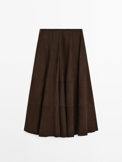 Suede leather flared midi skirt