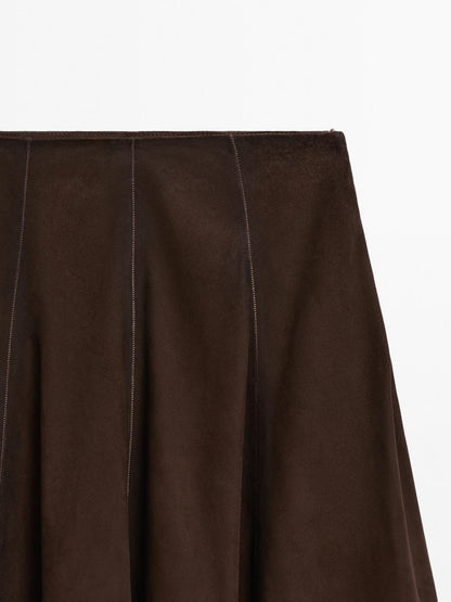 Suede leather flared midi skirt