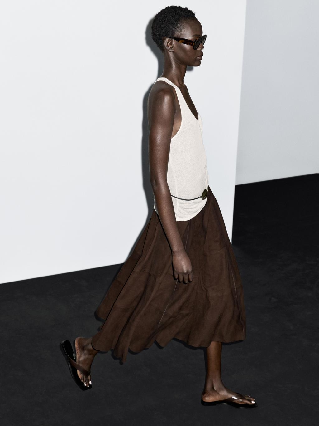 Suede leather flared midi skirt