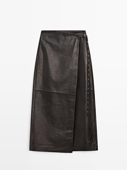 Nappa leather wraparound midi skirt