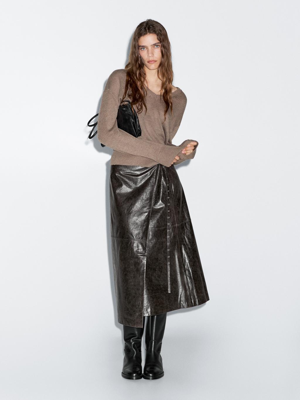 Nappa leather wraparound midi skirt