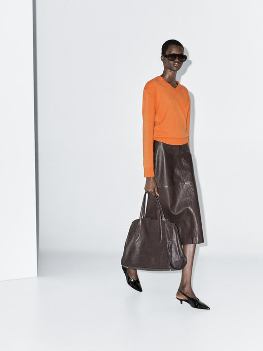 Straight nappa leather midi skirt with slit