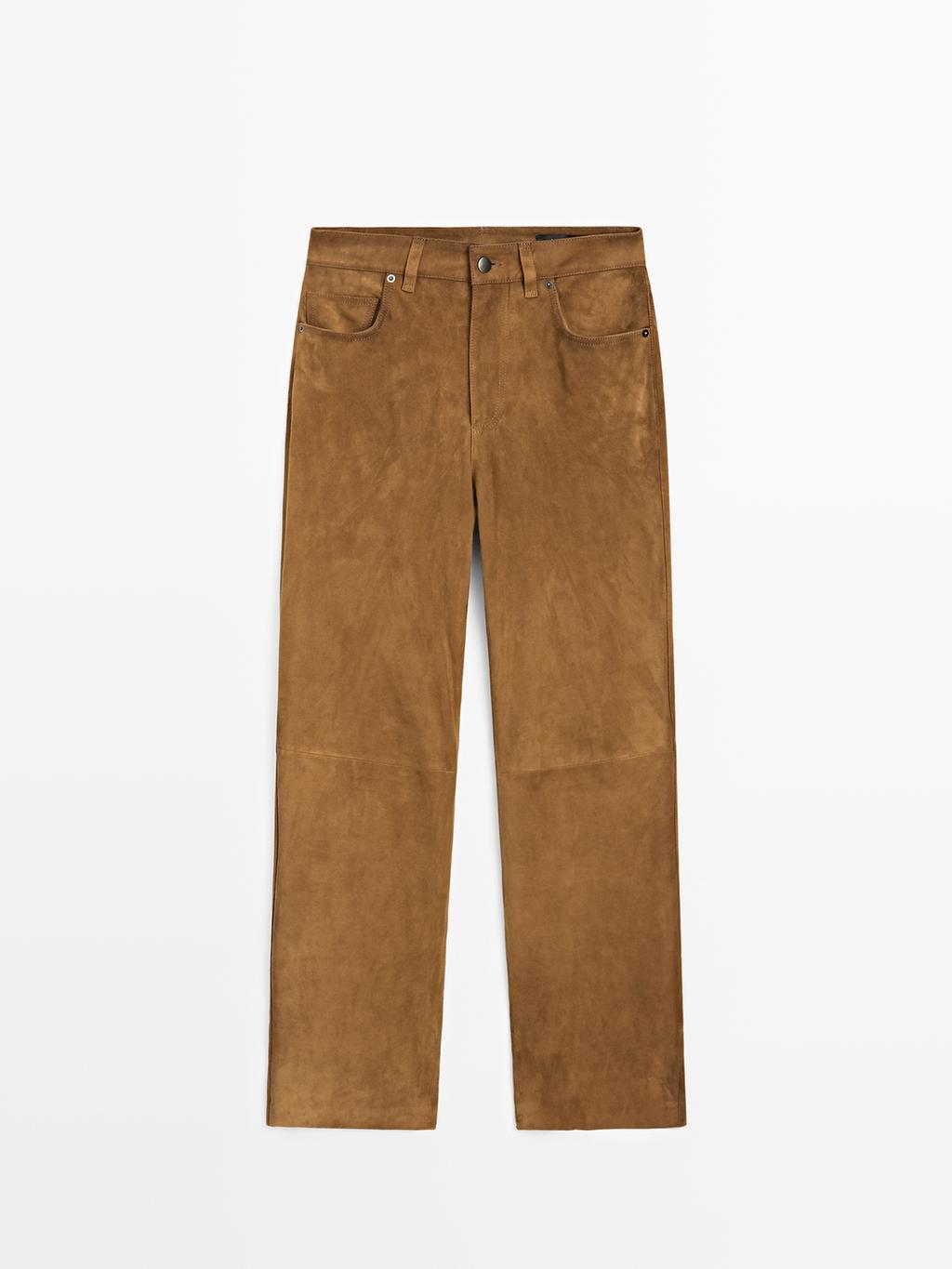 Suede leather straight trousers