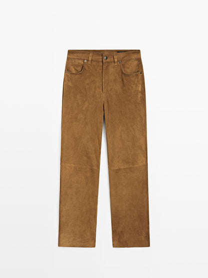Suede leather straight trousers