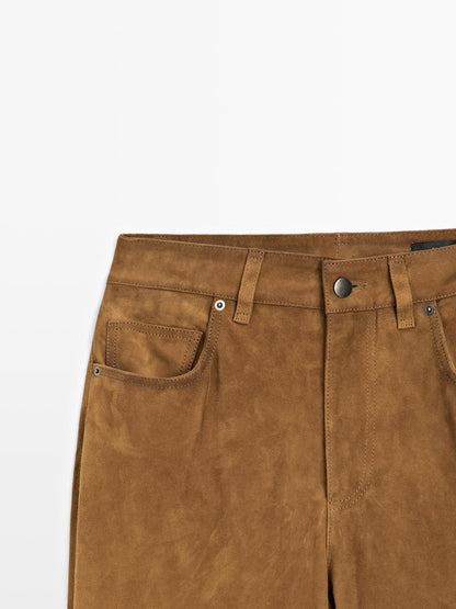 Suede leather straight trousers