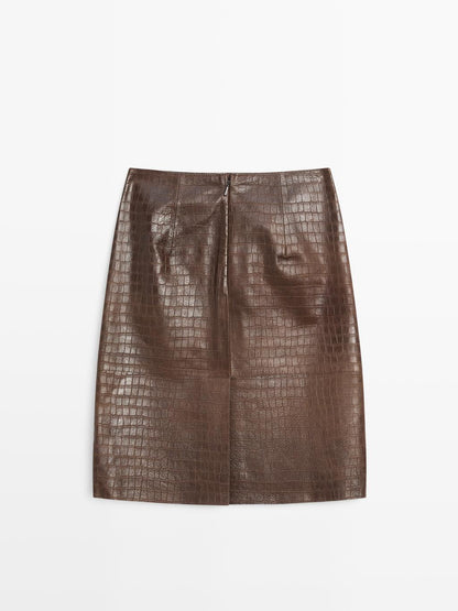 Short leather mock croc skirt