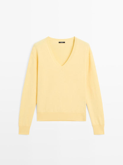 Wool blend deep V-neck knit sweater