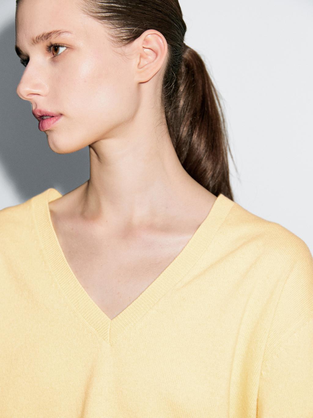 Wool blend deep V-neck knit sweater