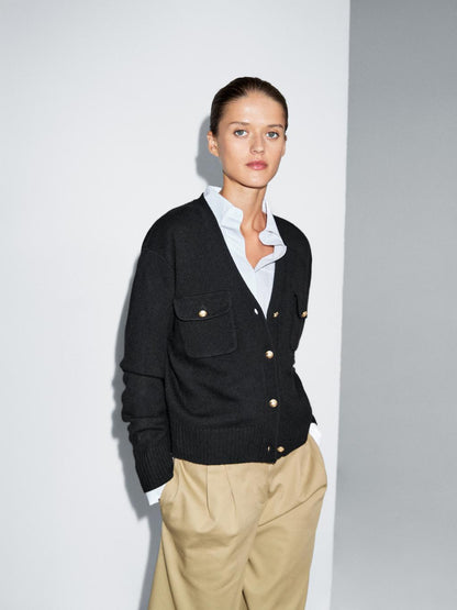 V-neck knit cardigan with gold buttons