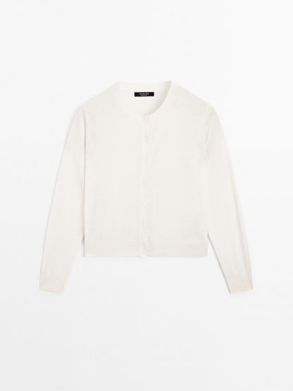 Wool blend knit cardigan with crew neck