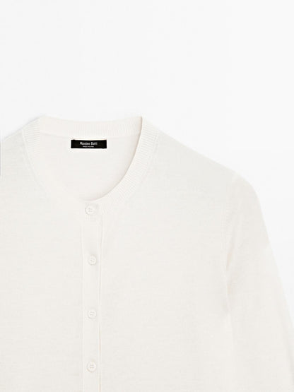 Wool blend knit cardigan with crew neck