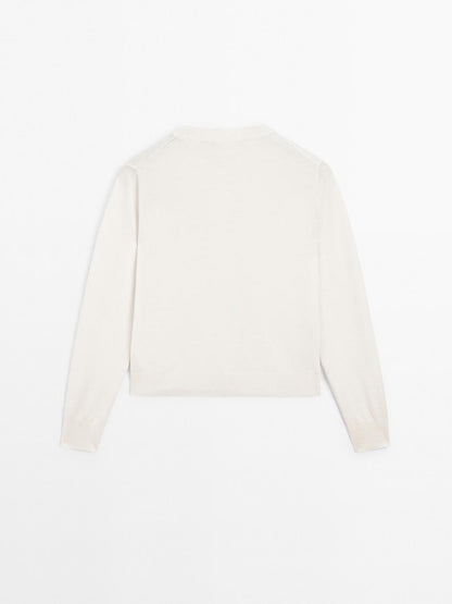 Wool blend knit cardigan with crew neck