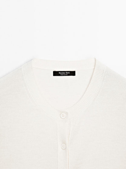 Wool blend knit cardigan with crew neck