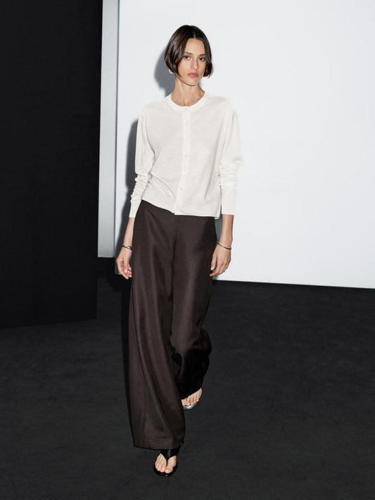 Wool blend knit cardigan with crew neck