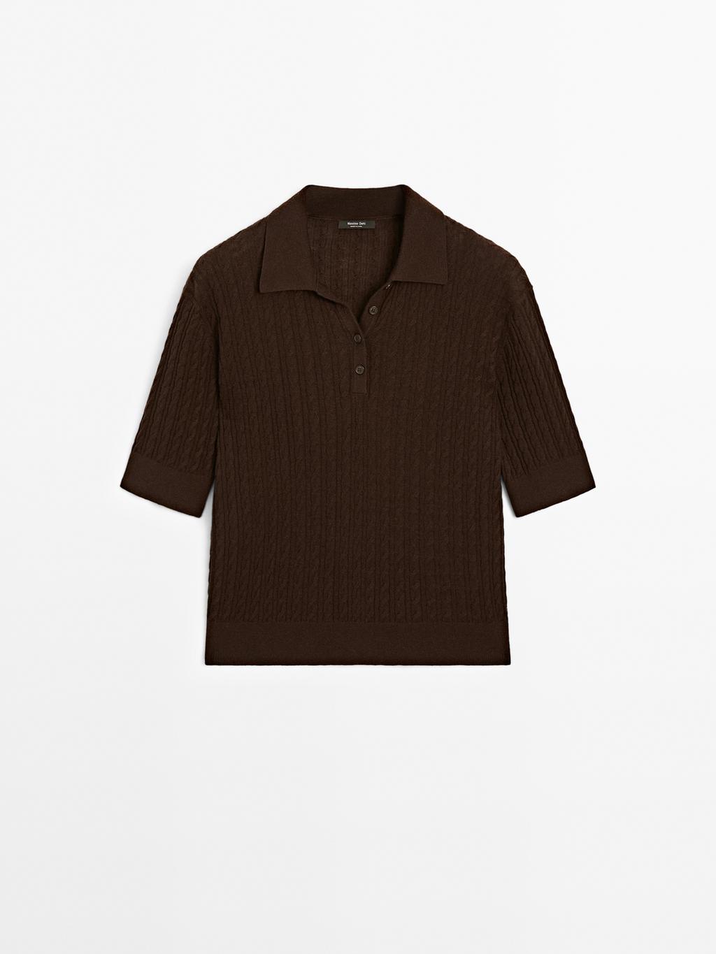 Wool blend cable-knit polo shirt