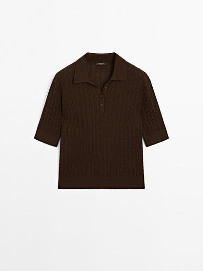 Wool blend cable-knit polo shirt
