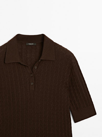 Wool blend cable-knit polo shirt
