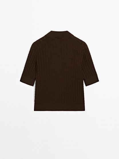 Wool blend cable-knit polo shirt
