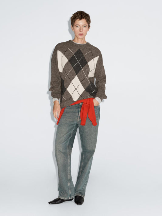 Oversize knit 100% wool argyle sweater