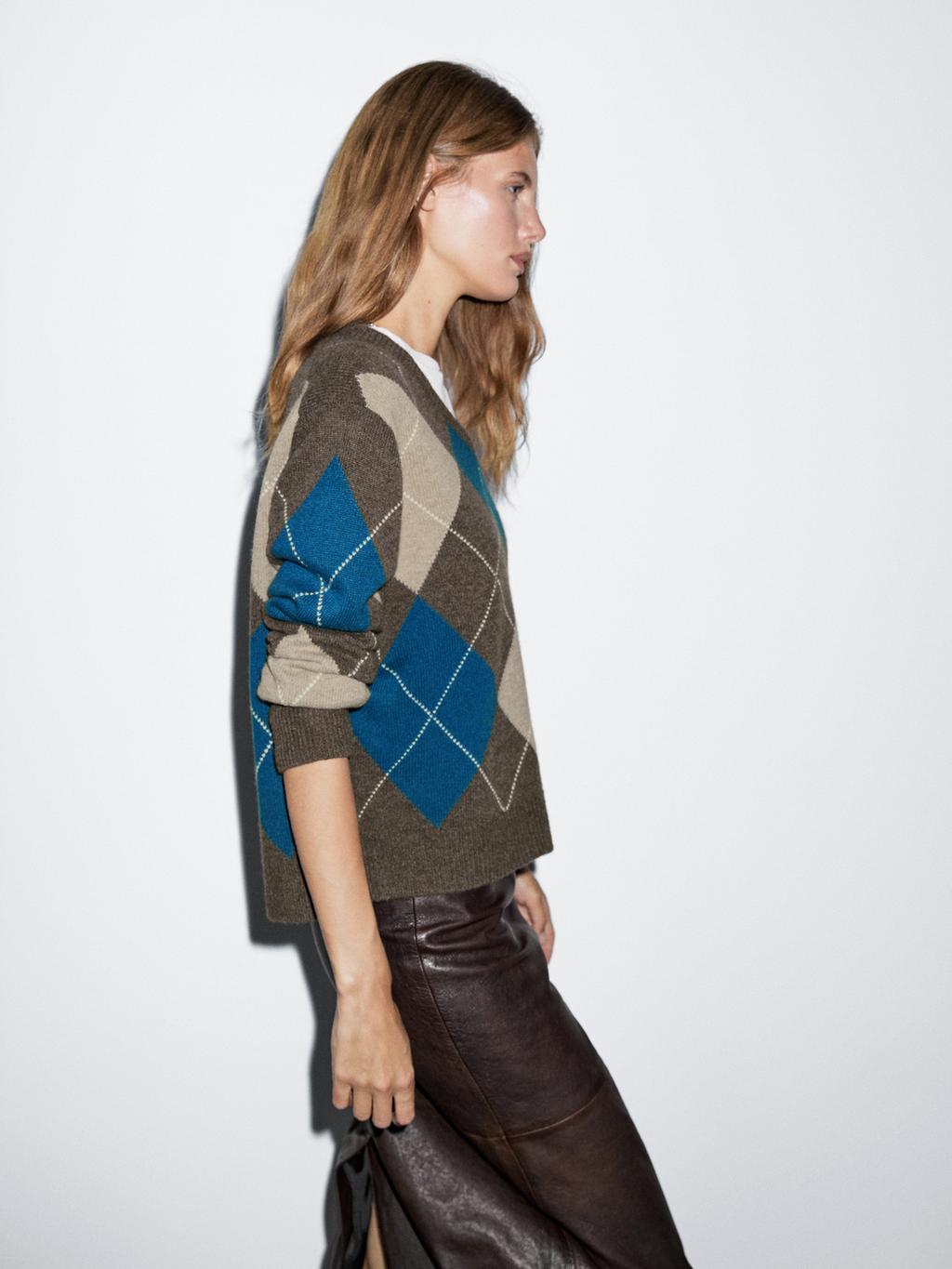 Wool blend argyle knit sweater
