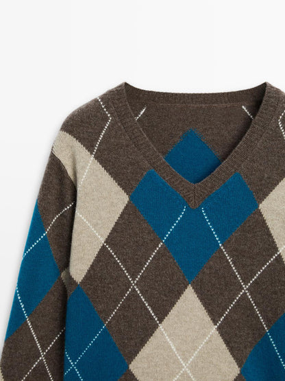 Wool blend argyle knit sweater