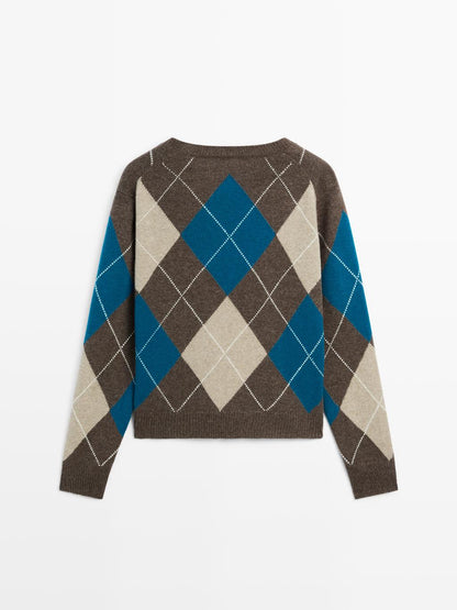 Wool blend argyle knit sweater