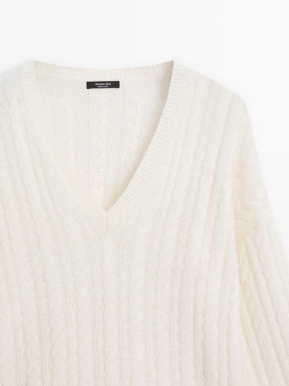 Cable-knit V-neck sweater