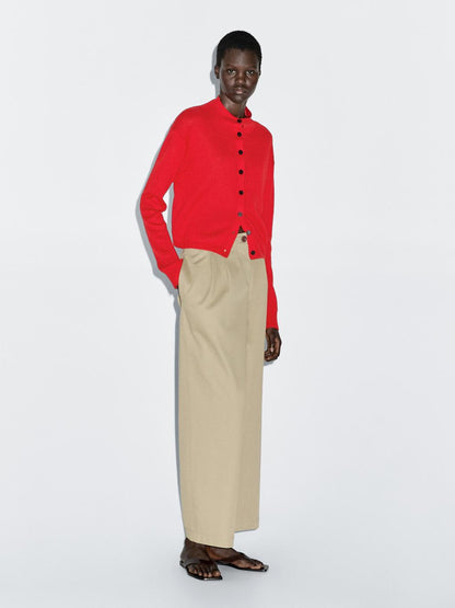 Knit wool and linen cardigan with mock turtleneck