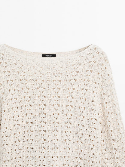 Cotton blend openwork crochet sweater