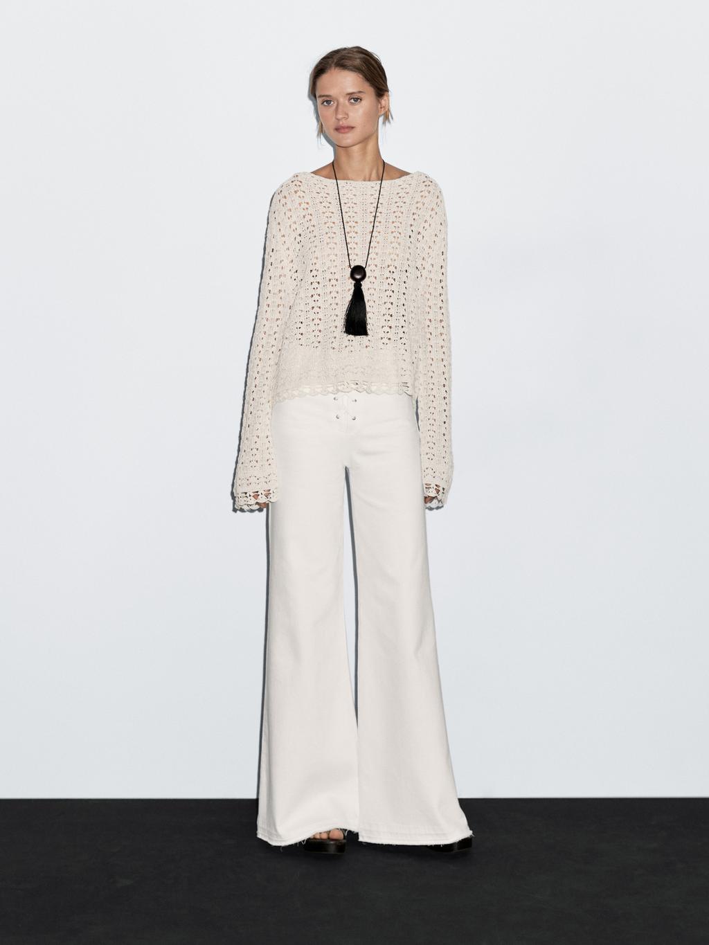 Cotton blend openwork crochet sweater