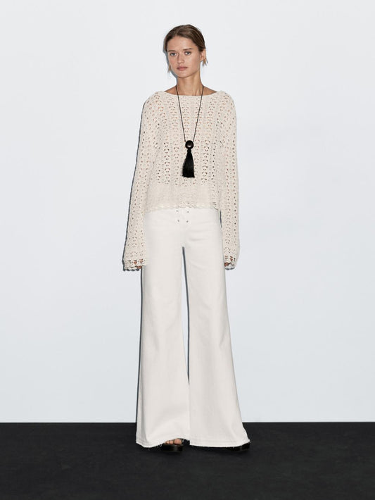 Cotton blend openwork crochet sweater