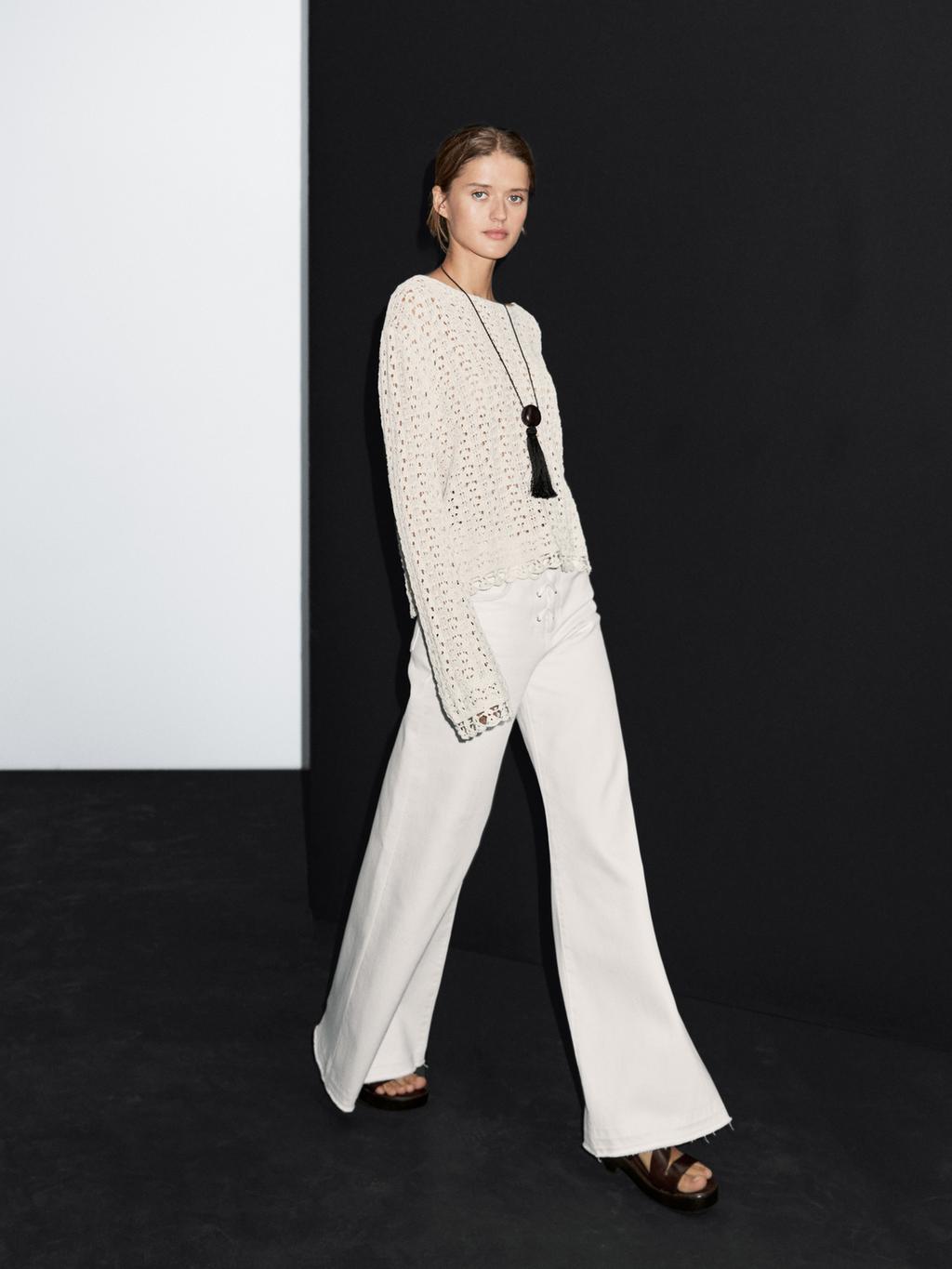 Cotton blend openwork crochet sweater