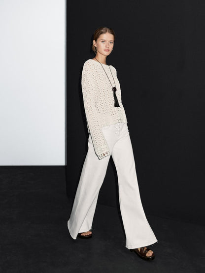 Cotton blend openwork crochet sweater