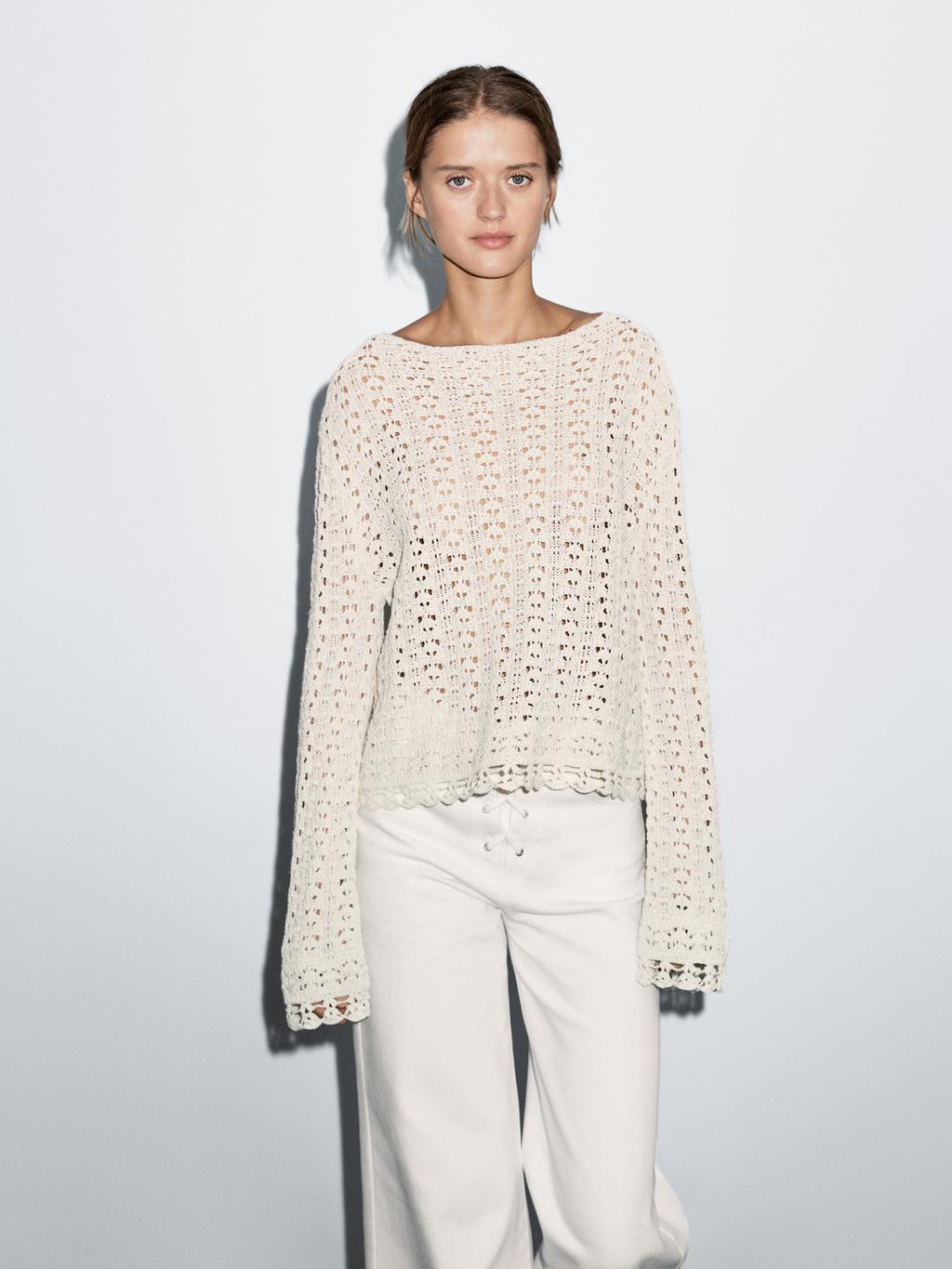 Cotton blend openwork crochet sweater