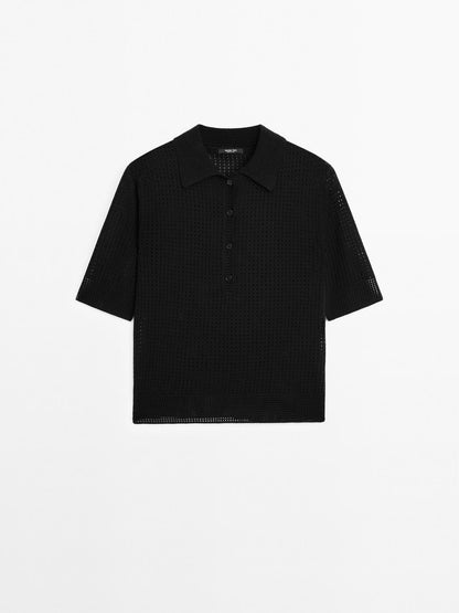 Open knit sweater with polo collar