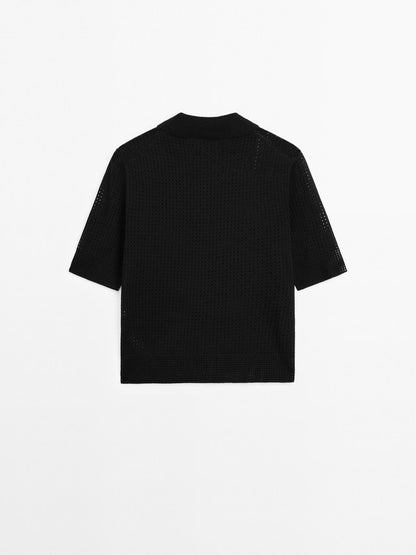 Open knit sweater with polo collar