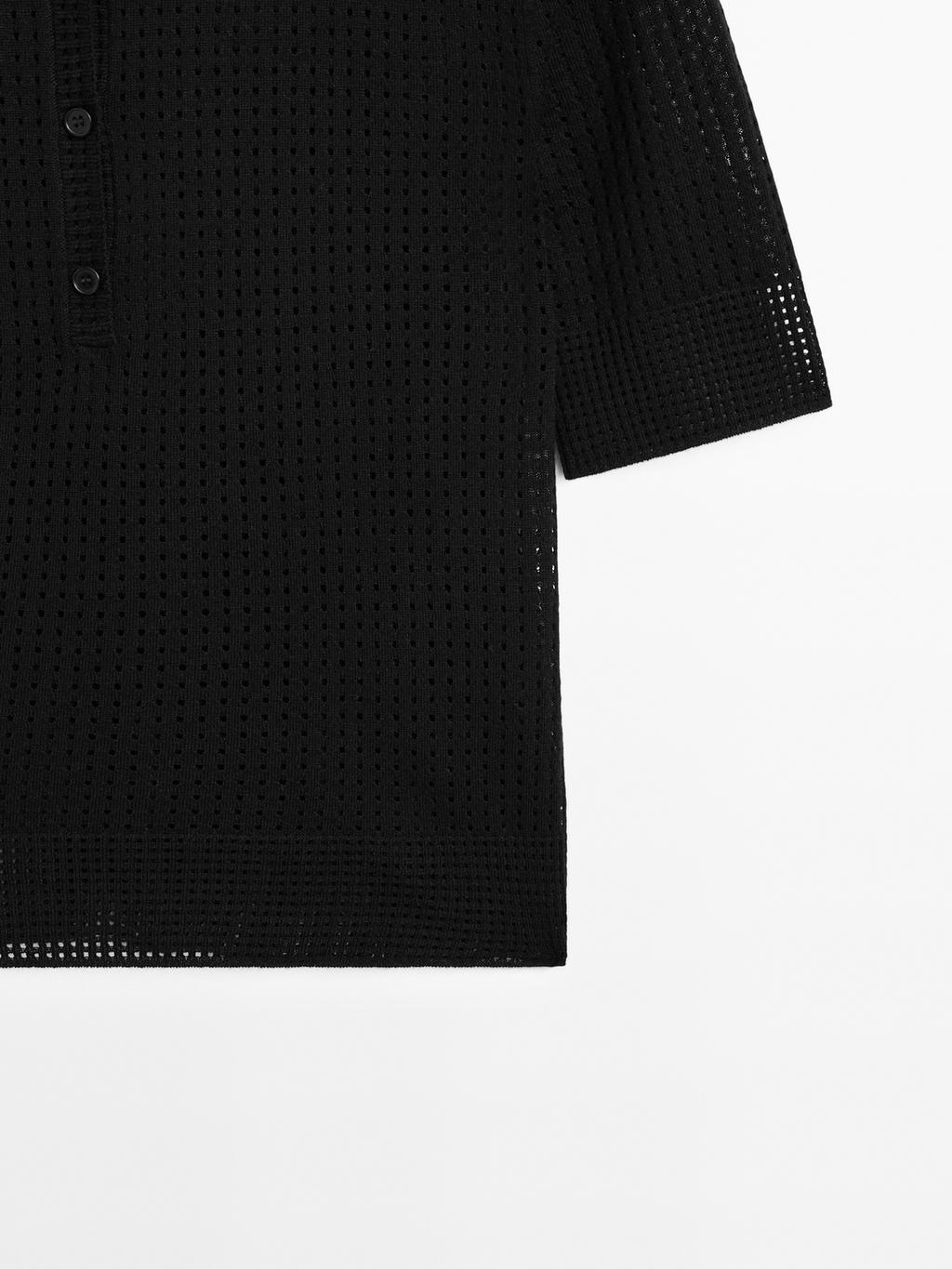 Open knit sweater with polo collar