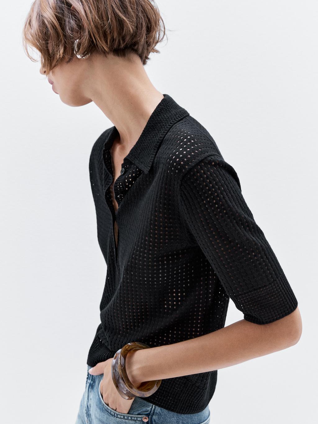 Open knit sweater with polo collar