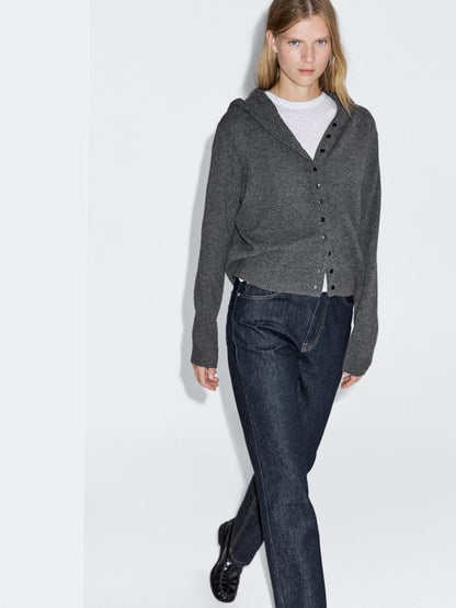 Knit 100% wool cardigan with hood