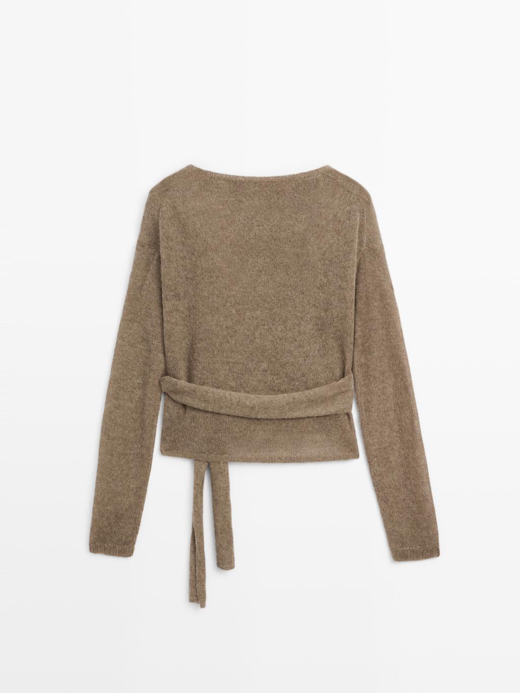 Alpaca blend crossover knit cardigan with tie