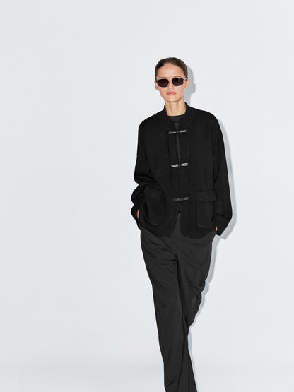 Wool blend knit cardigan with stand collar