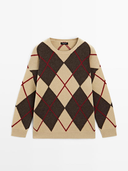 Knit wool blend sweater with argyle detail