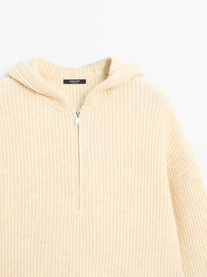 Knit wool blend sweater with hood detail