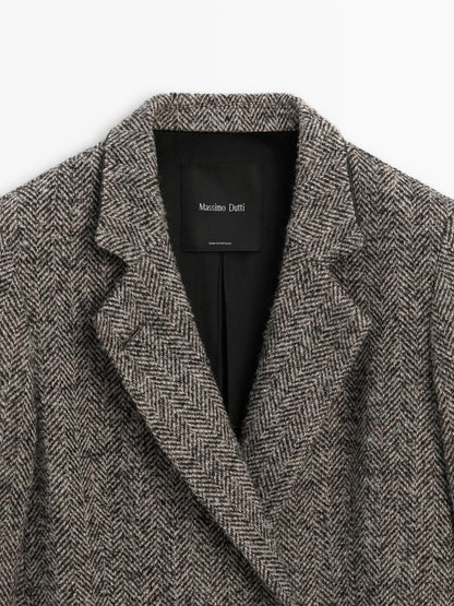 Herringbone wool blend blazer with high collar