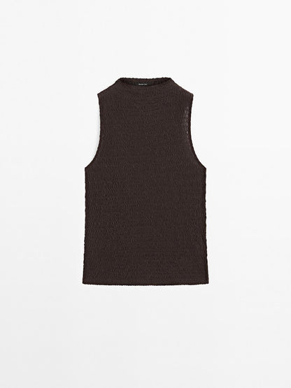 Chocolate linear waffle-knit funnel neck top