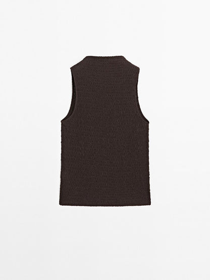 Chocolate linear waffle-knit funnel neck top