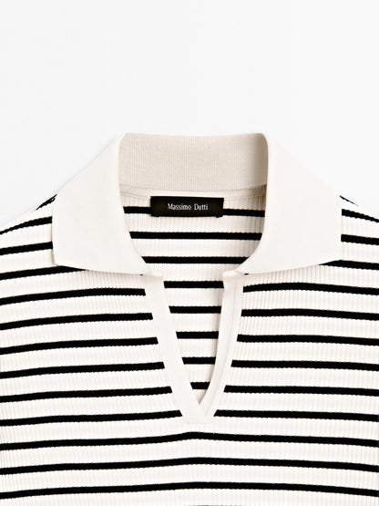 Striped cotton blend polo T-shirt