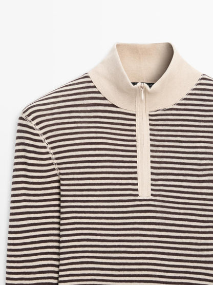 Striped fine knit quarter-zip sweater