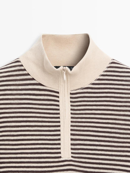 Striped fine knit quarter-zip sweater