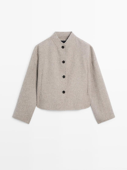 Short wool blend coat with high collar